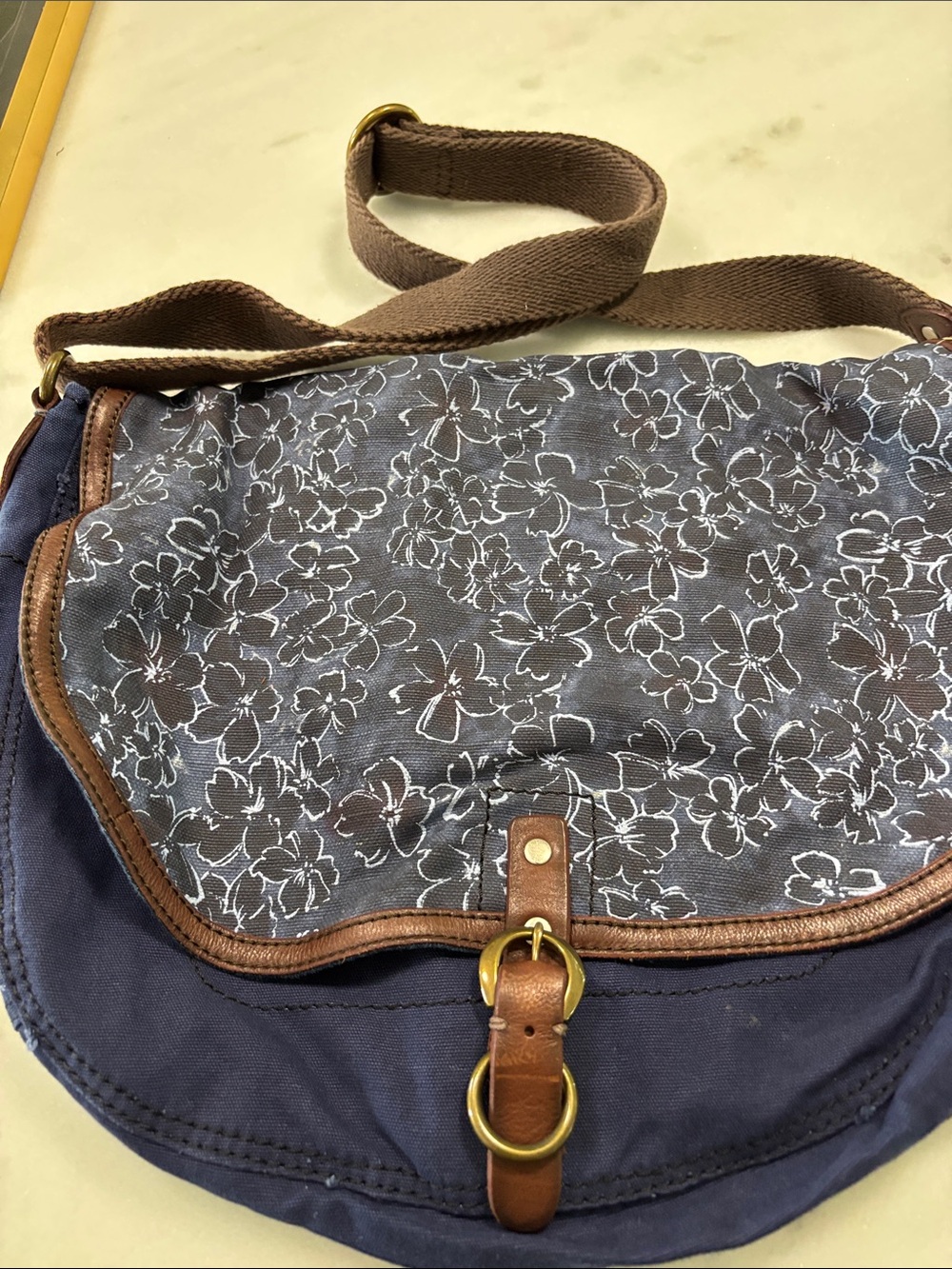 Lucky Brand Navy Floral Canvas Crossbody with Brown Trim